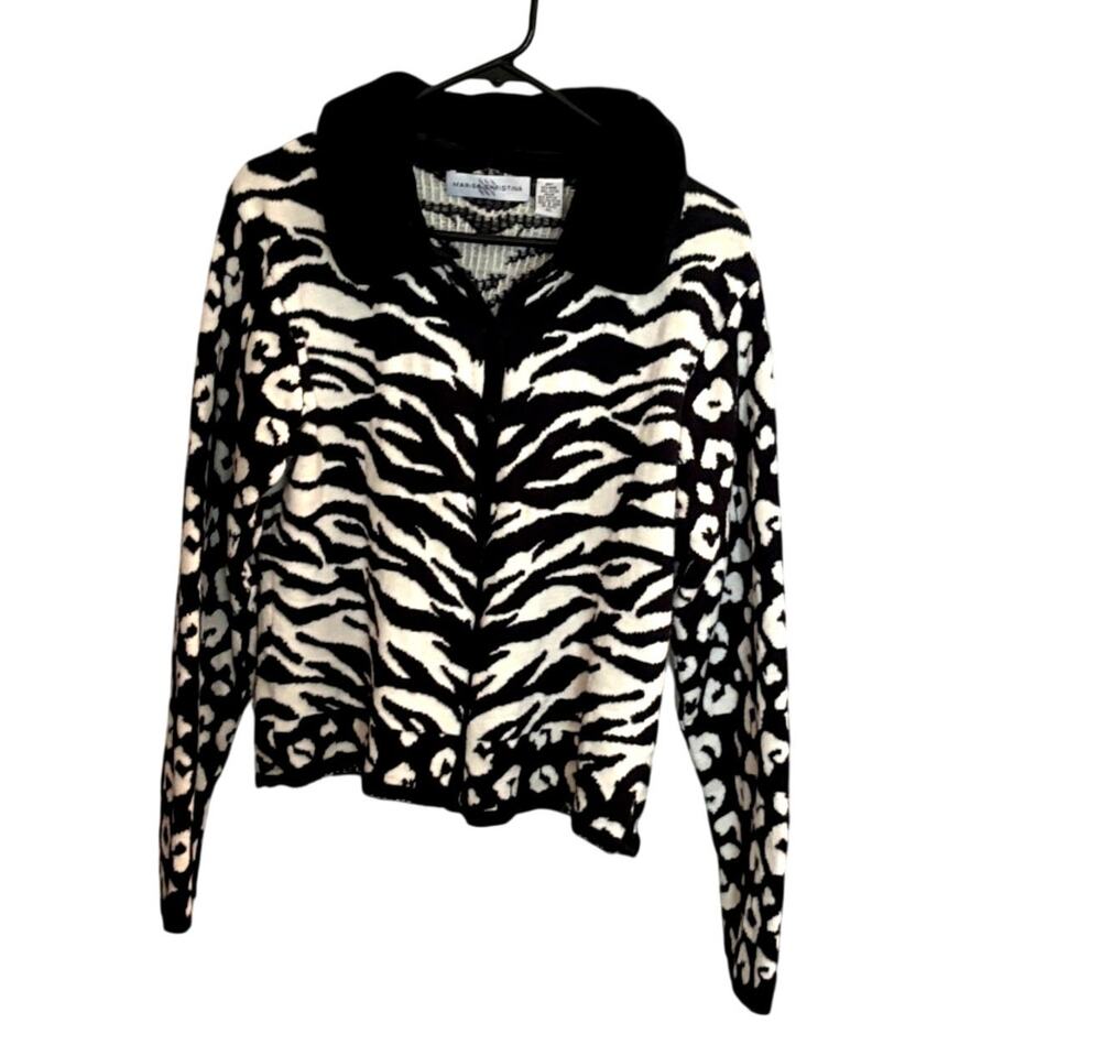 Marisa Christina XL Animal Print Cardigan Sweater Removable Faux Fur Collar